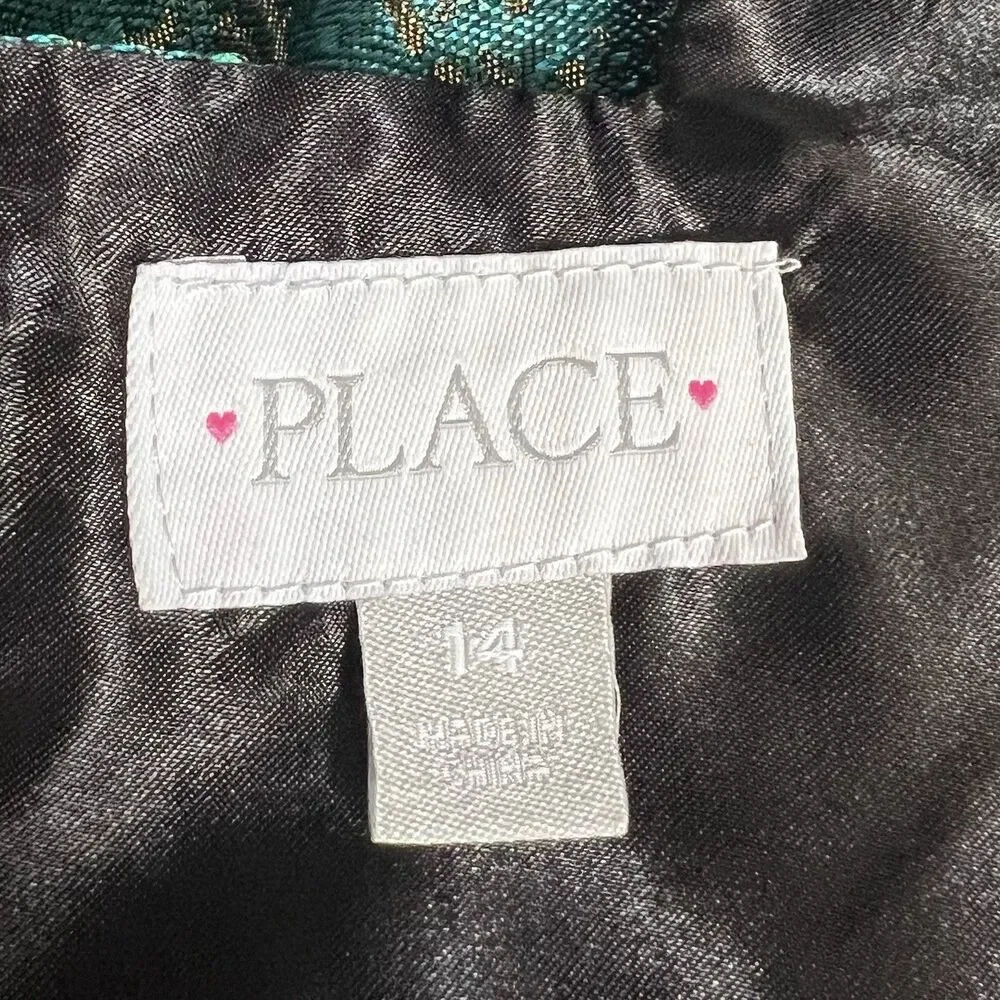 The Children’s Place Girls Dress Size 14 Teal Green Gold Brocade Party Holiday